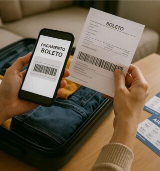 Pessoa com o celular na mão pagando o boleto da passagem de avião