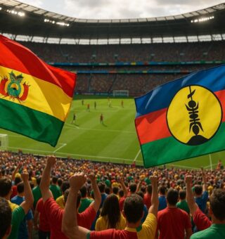 Jogadores com bandeira da Bolívia no estádio para a repescagem da copa do mundo de 2026