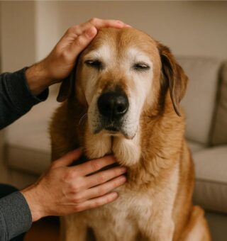 Um dos Cães que tomou o novo remédio para viver mais tempo sendo acariciado pelo dono
