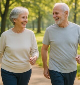 Um casal com mais de 60 anos que saiu para Caminhar no bosque pela manhã