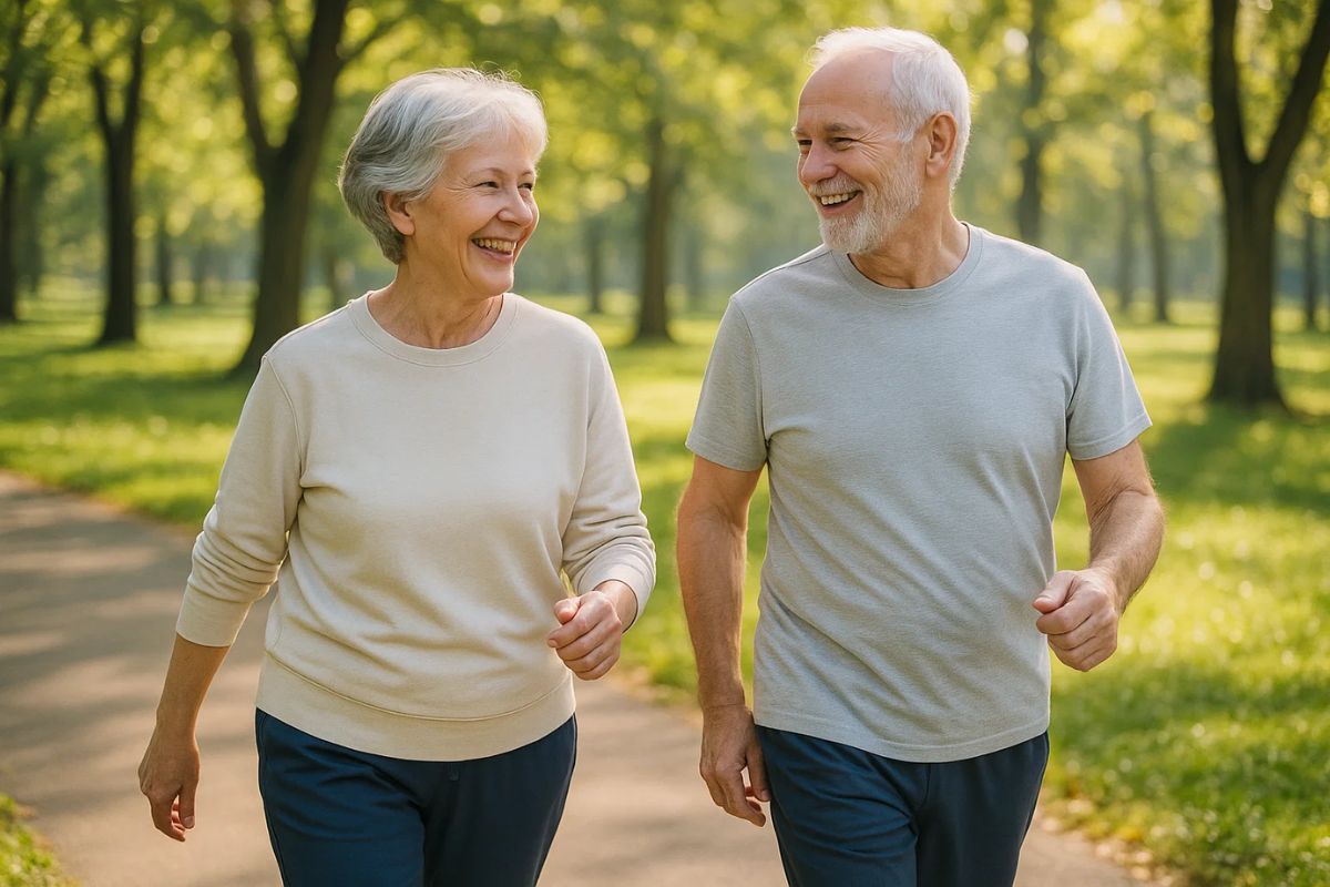 Um casal com mais de 60 anos que saiu para Caminhar no bosque pela manhã
