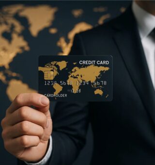 Um executivo segura seu Cartão de crédito global