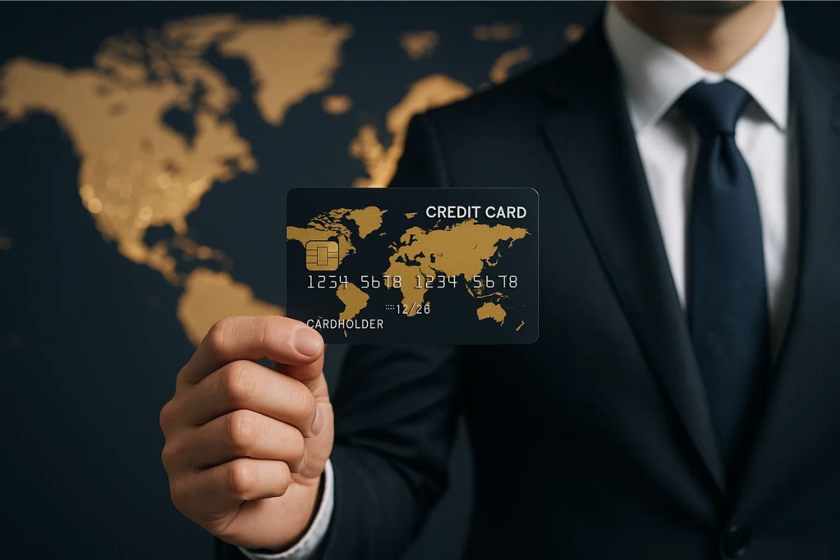 Um executivo segura seu Cartão de crédito global