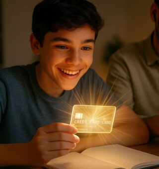 Cartão de crédito brilhando na mão de um adolescente que o olha hipnotizado