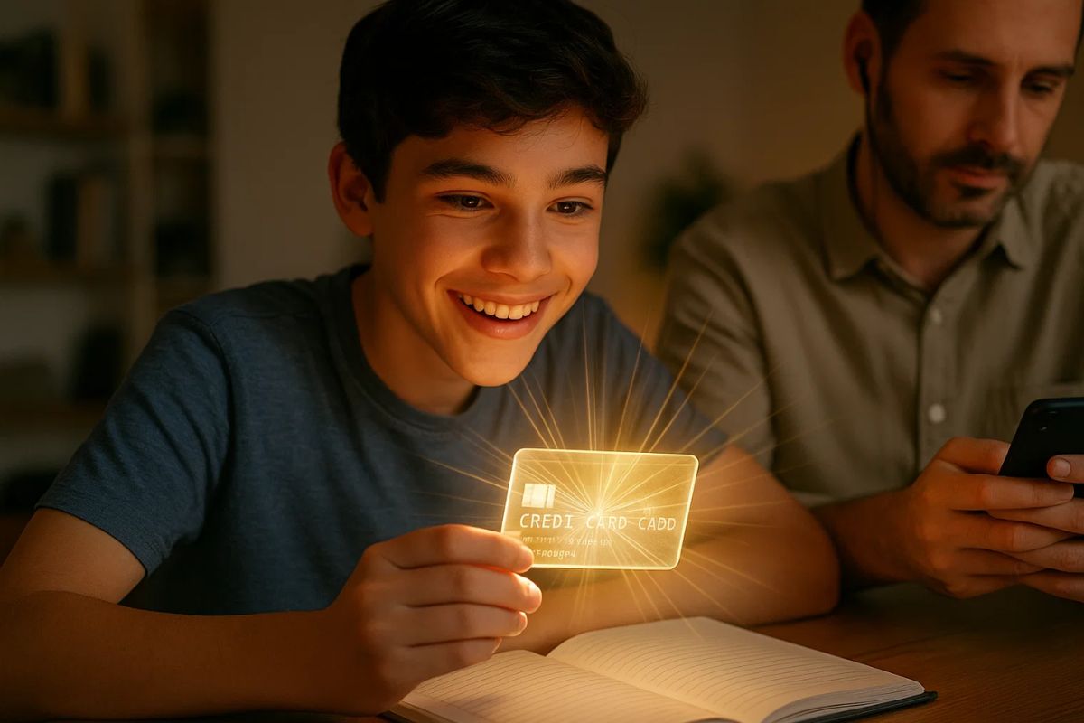 Cartão de crédito brilhando na mão de um adolescente que o olha hipnotizado