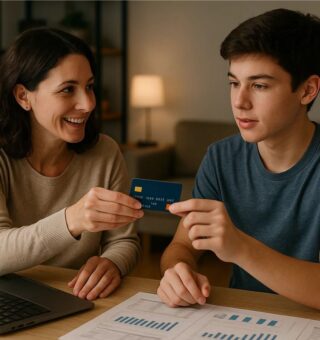 Uma mãe dando um Cartão de crédito ao seu filho