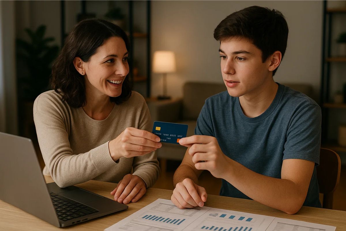 Uma mãe dando um Cartão de crédito ao seu filho