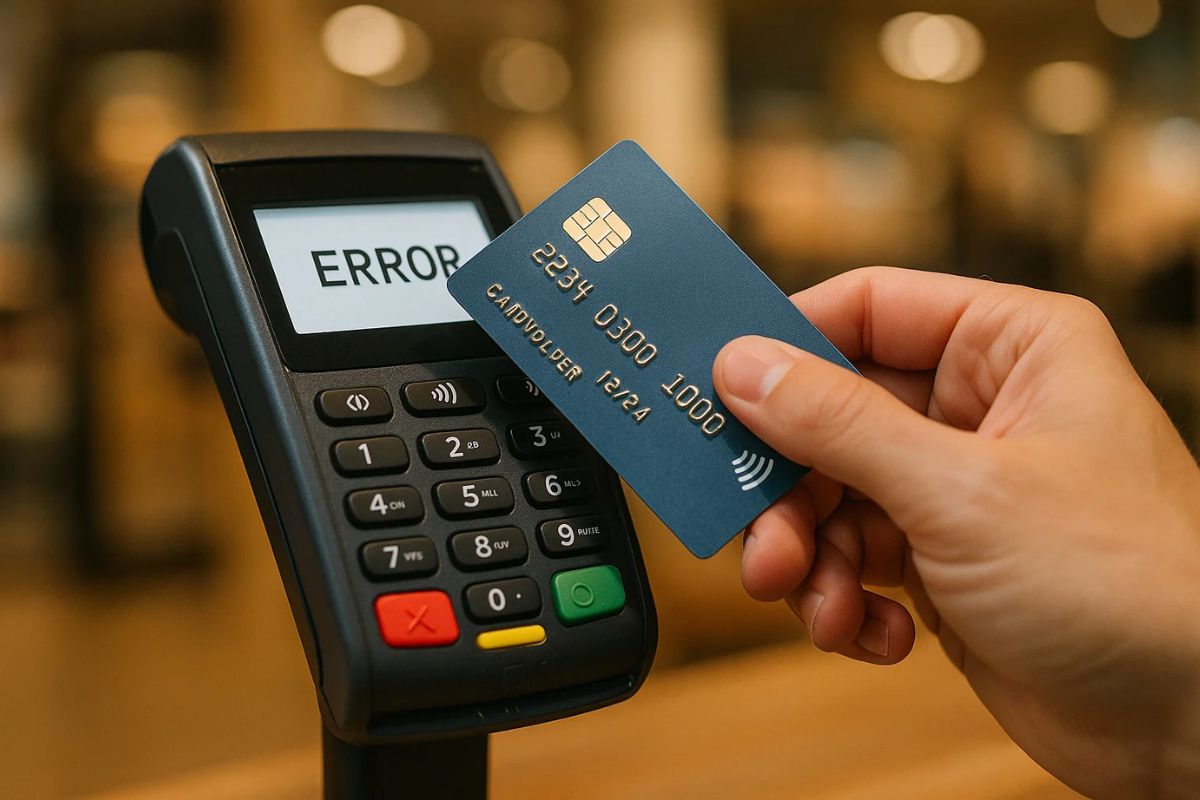 Uma pessoa vendo erro ao pagar com o cartão por aproximação
