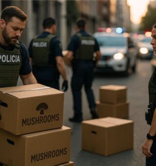 Polícia apreendendo caixas fechadas de Cogumelos mágicos