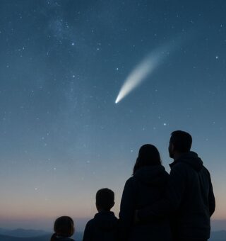 Imagem do Cometa C/2025 R2 SWAN no céu, enquanto uma família com 4 integrantes o observa