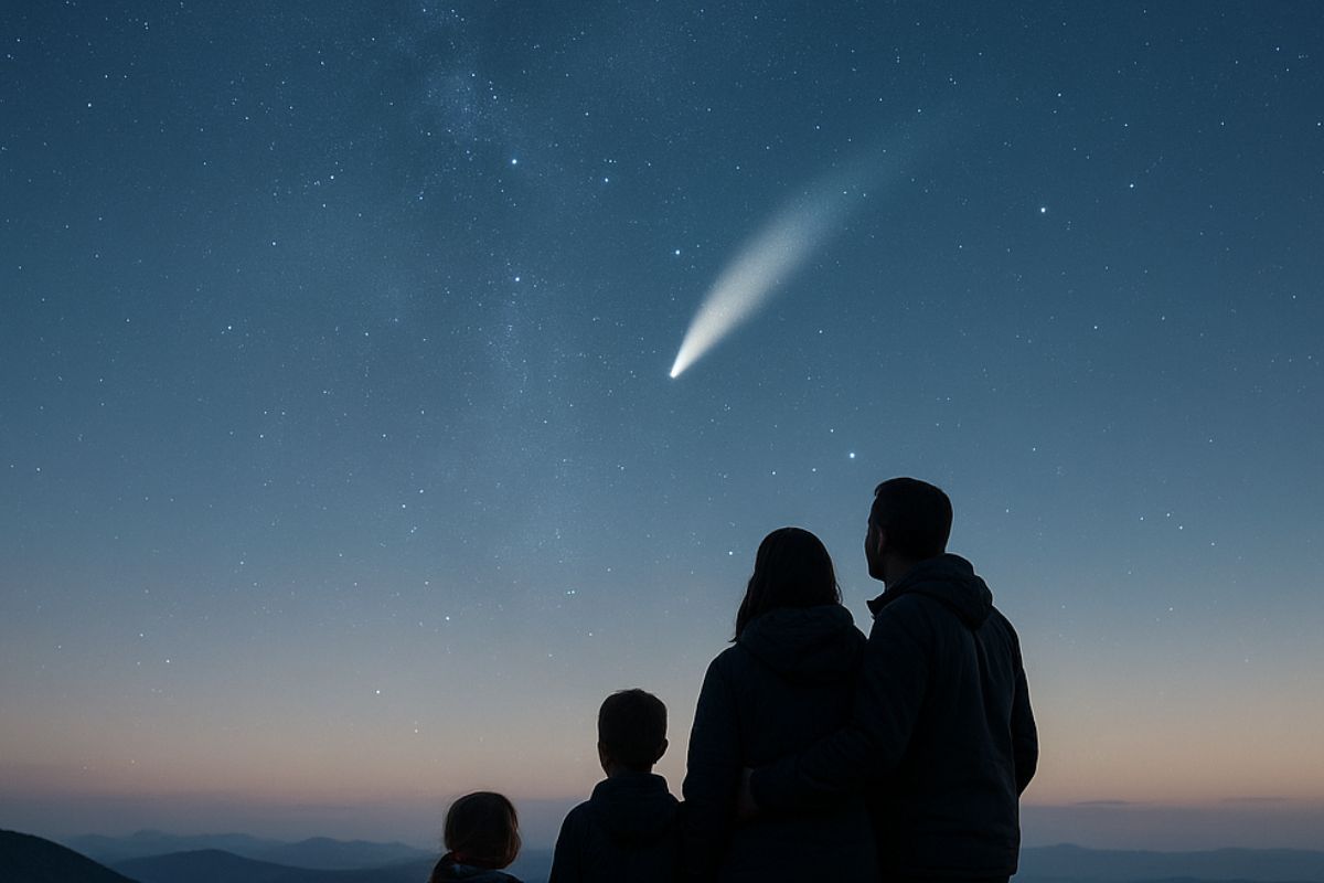 Imagem do Cometa C/2025 R2 SWAN no céu, enquanto uma família com 4 integrantes o observa