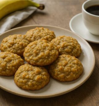Um prato com Cookie em cima da mesa ao lado de uma xícara de café e uma banana