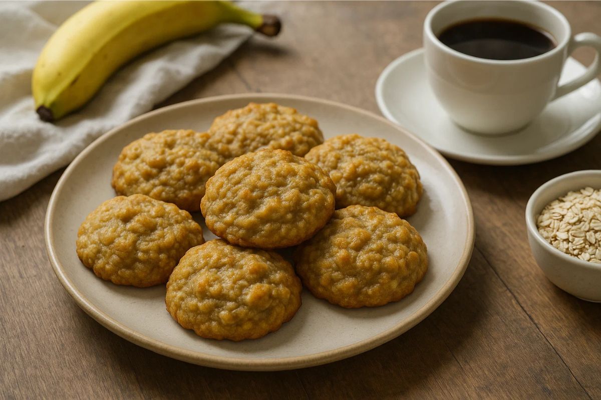 Um prato com Cookie em cima da mesa ao lado de uma xícara de café e uma banana