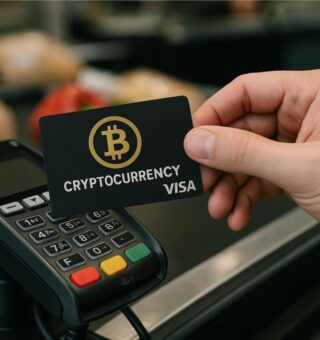 Uma rapaz fazendo pagamento com um cartão de criptomoedas