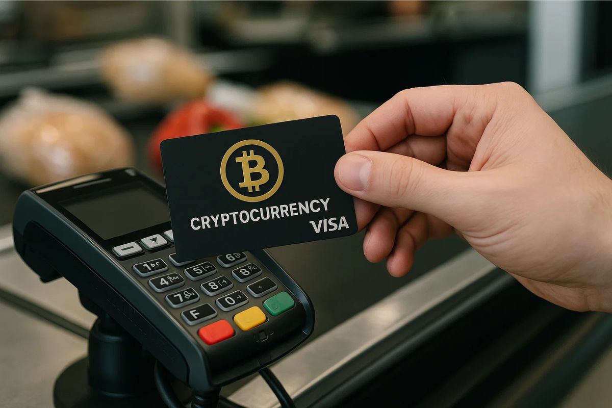 Uma rapaz fazendo pagamento com um cartão de criptomoedas