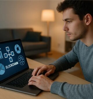 Um jovem em frente ao notebook analisa um projeto De-Fi