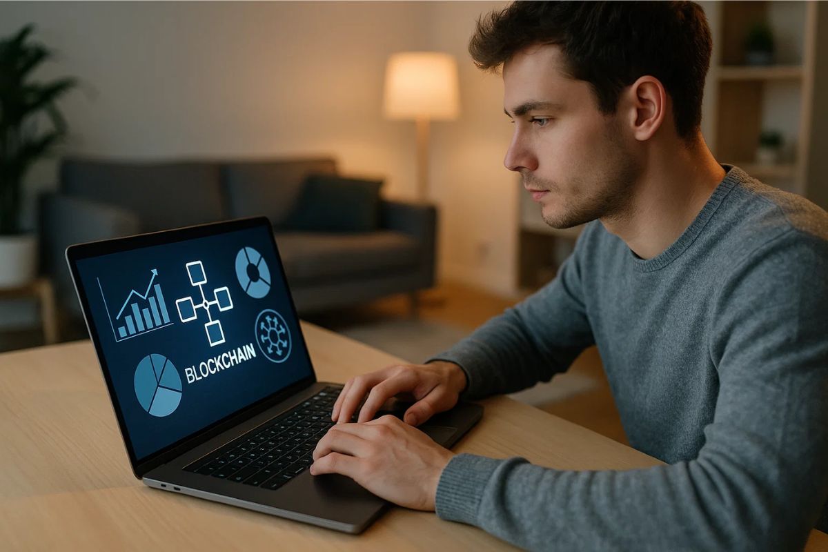 Um jovem em frente ao notebook analisa um projeto De-Fi