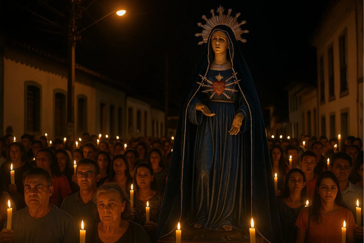 Pessoas na procissão no Dia de Nossa Senhora das Dores