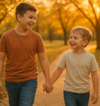 Uma imagem ilustra o Dia do irmão com dois irmãos de mãos dadas no parque