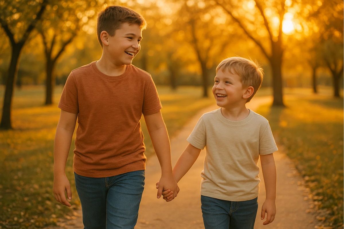 Uma imagem ilustra o Dia do irmão com dois irmãos de mãos dadas no parque