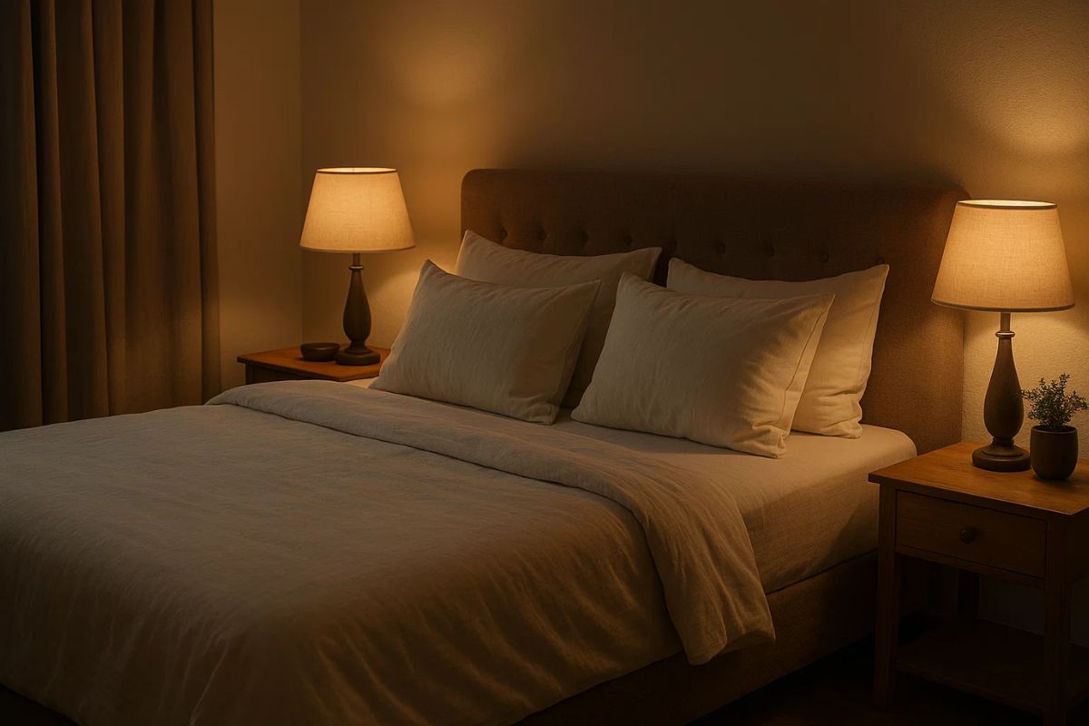 Uma cama arrumada antes de alguém deitar para dormir