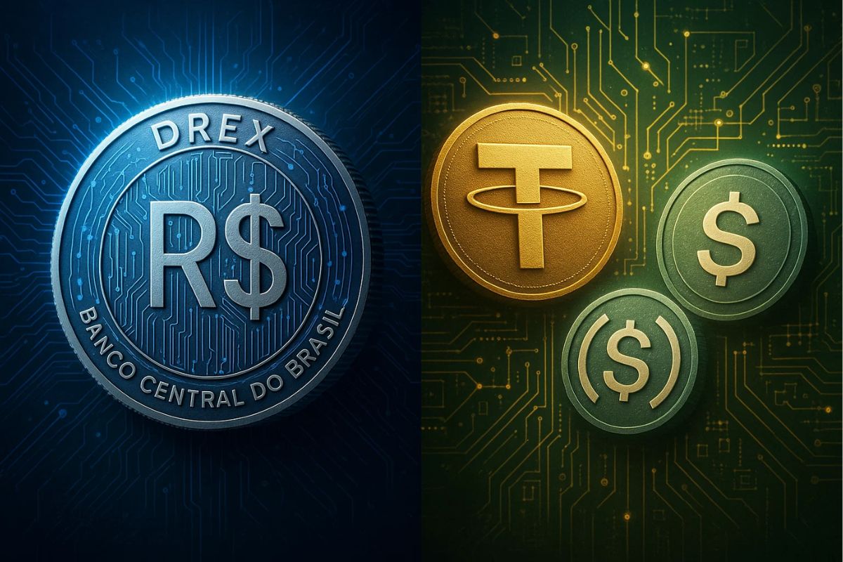 Ilustração do Drex à esquerda, ao lado estão representações de 3 stablecoins
