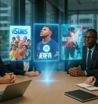 Imagem de uma reunião com títulos da EA Games aparecendo em holograma