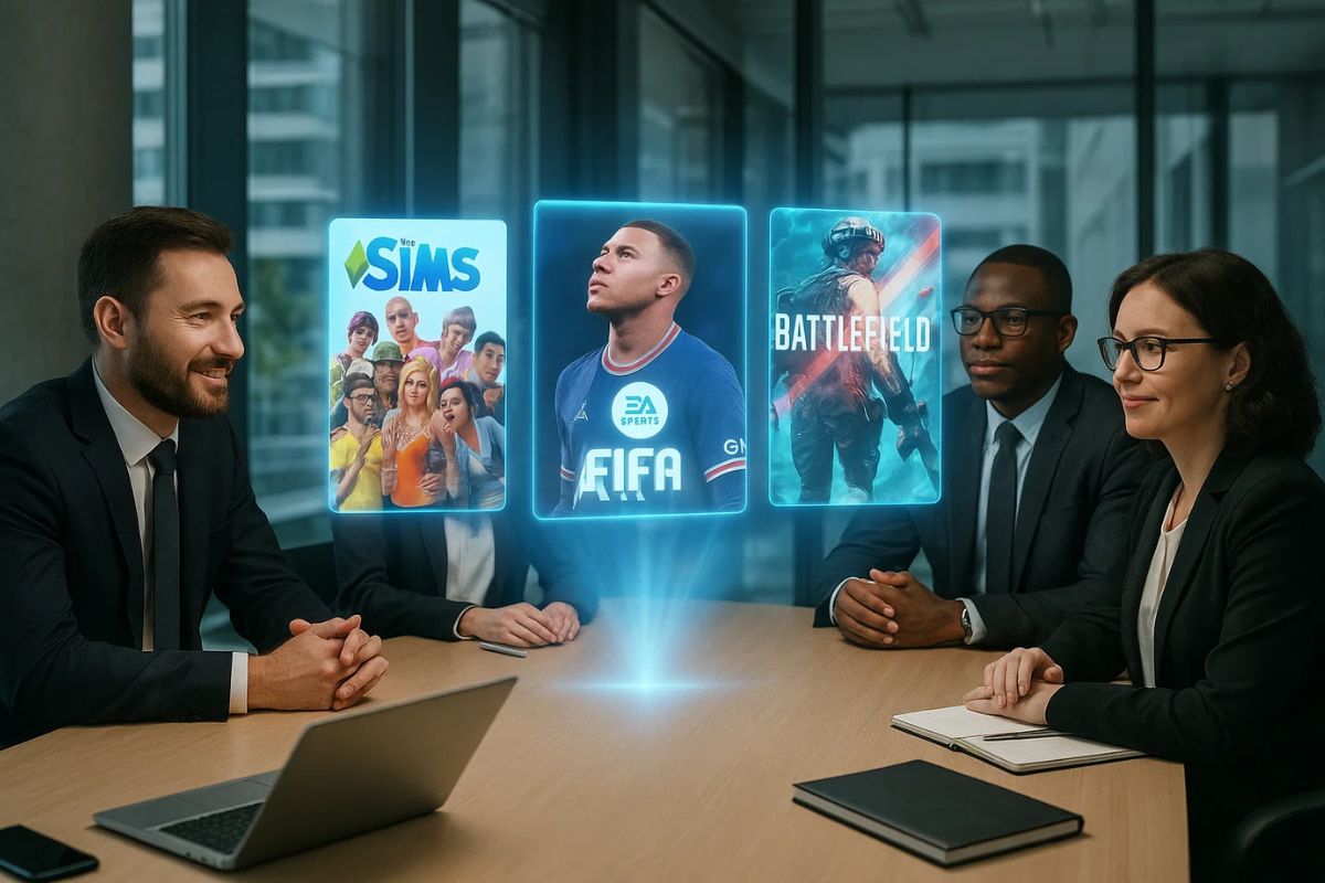 Imagem de uma reunião com títulos da EA Games aparecendo em holograma