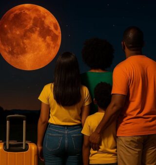 Pai, mãe filha e filho olham para a lua de sangue durante o eclipse de setembro no dia 7