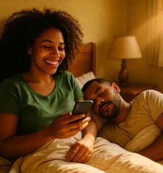 Uma mulher feliz na cama ao lado do seu marido ao ver no celular que hoje tem feriado