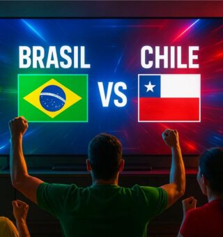 Brasil x Chile passando na GE TV com pessoas assistindo na sala