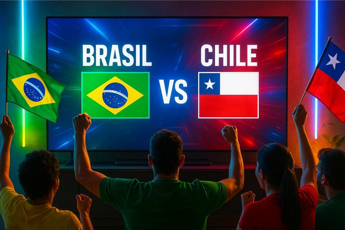 Brasil x Chile passando na GE TV com pessoas assistindo na sala