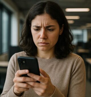 Uma mulher no escritório olha para o celular e vê que foi vítima de golpe