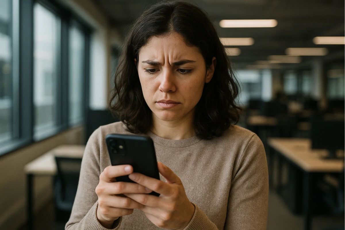Uma mulher no escritório olha para o celular e vê que foi vítima de golpe