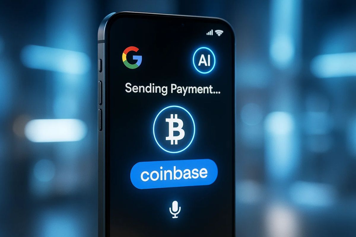 Imagem de um celular com a forma de pagamento do Google enviando criptomoeda