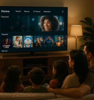 Uma família em casa assistindo HBO MAX na televisão