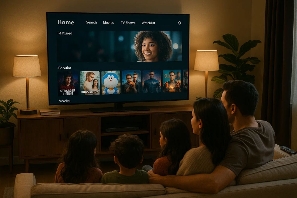 Uma família em casa assistindo HBO MAX na televisão