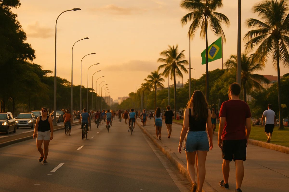 Pessoas andando ao ar livre durante o horário de verão 2025