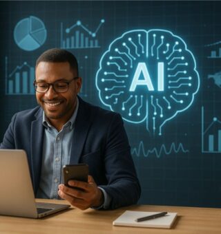 Um empresário usando IA em escritório com o notebook em sua frente