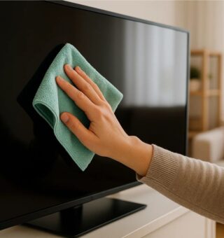 Limpar tela com um pano de fibra: uma moça faz isso com a sua televisão na sala
