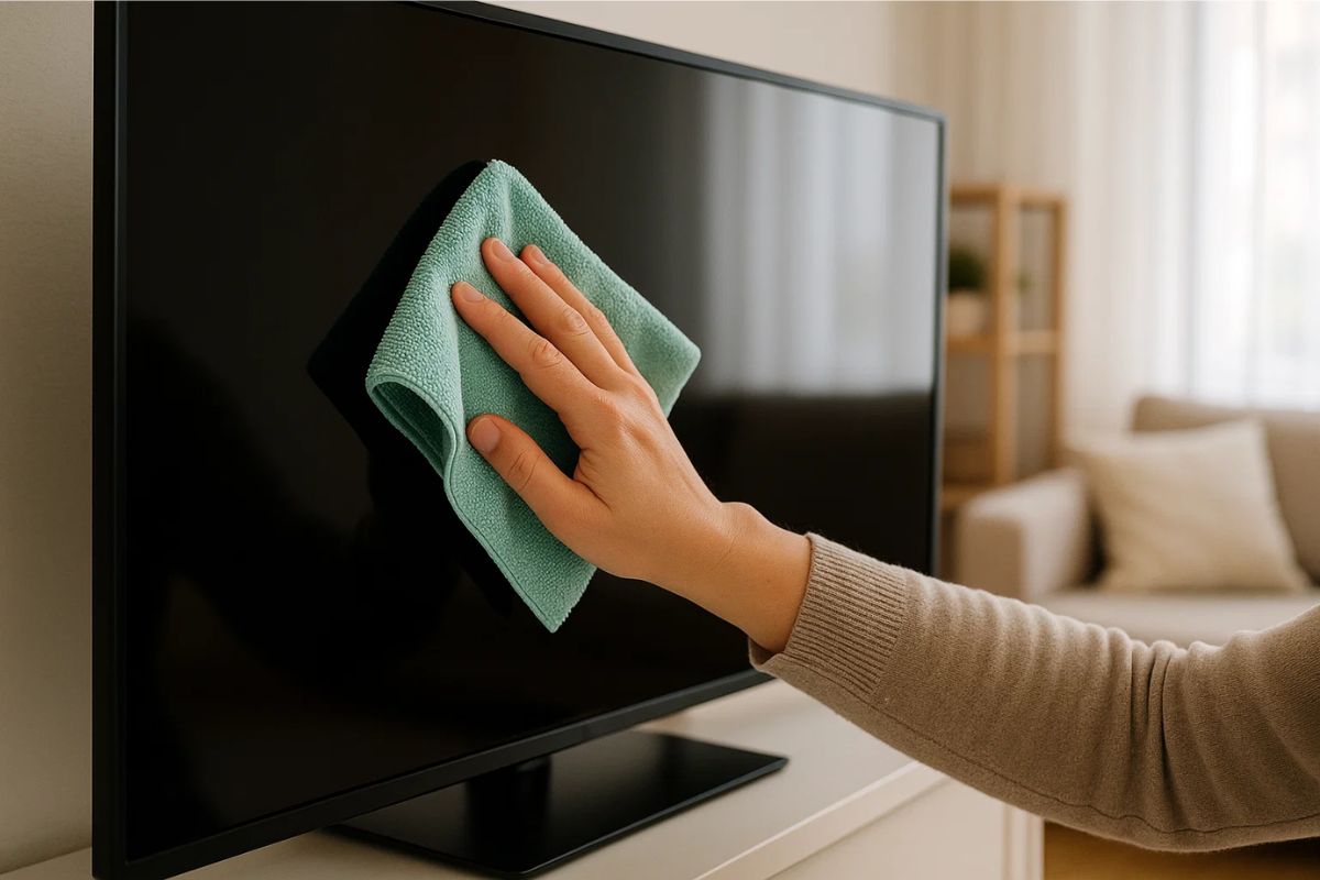 Limpar tela com um pano de fibra: uma moça faz isso com a sua televisão na sala