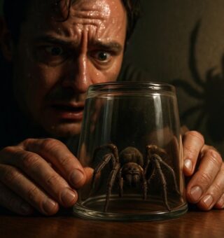Um rapaz observa a aranha no copo tentando entender se sente Medo ou Fobia