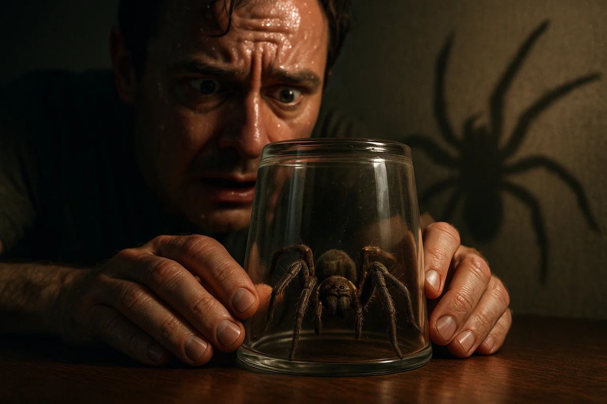 Um rapaz observa a aranha no copo tentando entender se sente Medo ou Fobia
