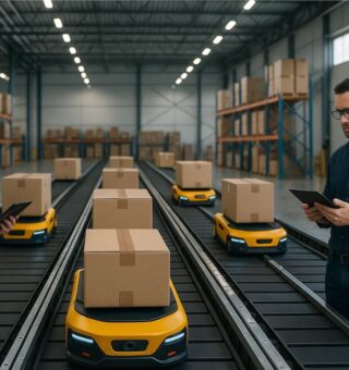 Imagem de um galpão com funcionários e robôs do Mercado Livre