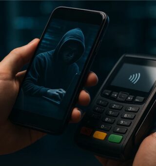 Uma pessoa com a maquininha e smartphone na mão aplicando o Golpe GhostNFC
