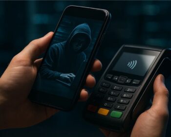 Uma pessoa com a maquininha e smartphone na mão aplicando o Golpe GhostNFC