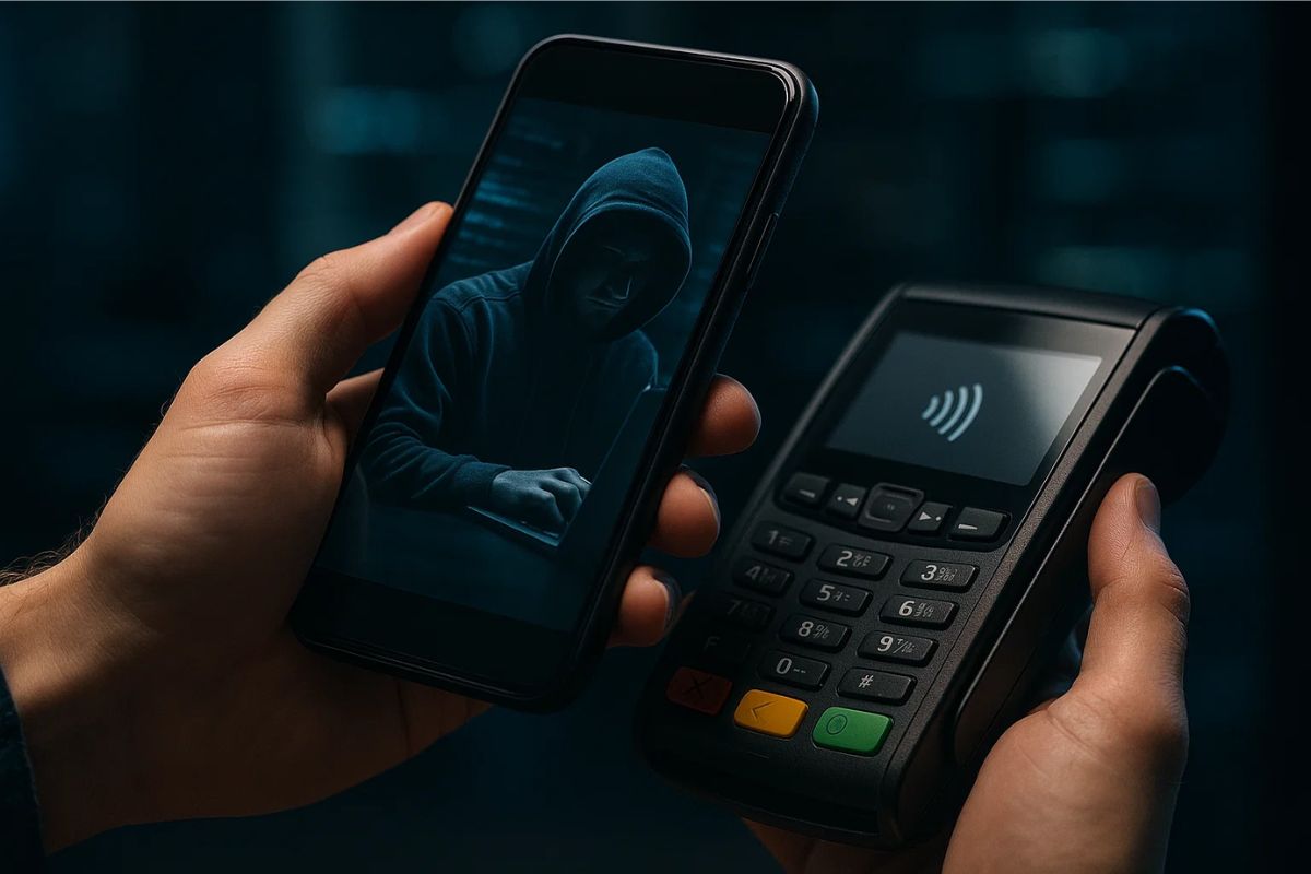 Uma pessoa com a maquininha e smartphone na mão aplicando o Golpe GhostNFC