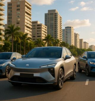 Um carro da NIO ao lado de um da BYD e da Geely