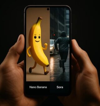Nano Banana x Sora em um celular na mão de uma pessoa