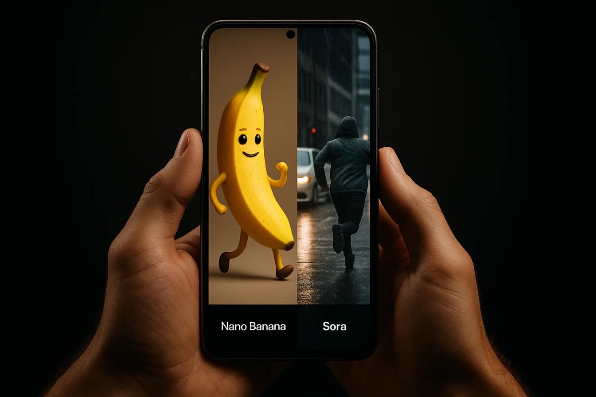 Nano Banana x Sora em um celular na mão de uma pessoa